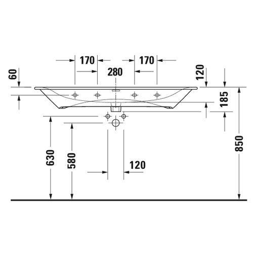 Immagine di Duravit VIU lavabo consolle 123 cm, monoforo, con troppopieno, con bordo per rubinetteria, lato inferiore smaltato, colore bianco 2344120000