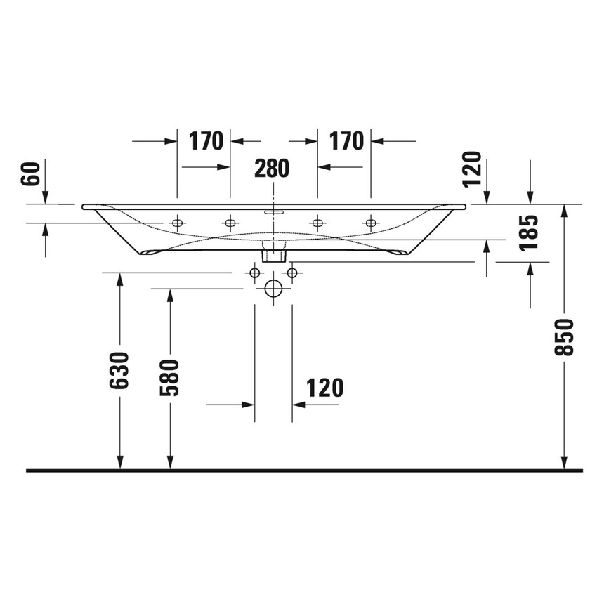 Immagine di Duravit VIU lavabo consolle 123 cm, monoforo, con troppopieno, con bordo per rubinetteria, lato inferiore smaltato, WonderGliss, colore bianco 23441200001