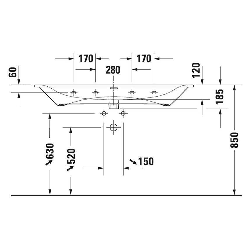 Immagine di Duravit VIU lavabo consolle 123 cm, con troppopieno, lato inferiore smaltato, colore bianco 2344120058