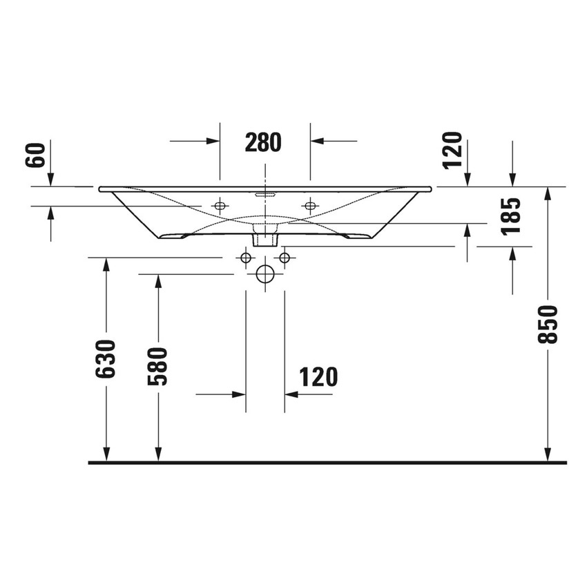 Immagine di Duravit VIU lavabo consolle 103 cm, monoforo, con troppopieno, con bordo per rubinetteria, lato inferiore smaltato, WonderGliss, colore bianco 23441000001