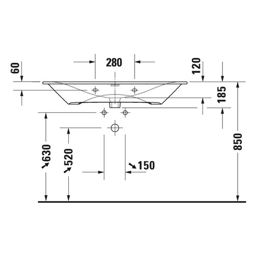 Immagine di Duravit VIU lavabo consolle 103 cm, con troppopieno, lato inferiore smaltato, colore bianco 2344100060