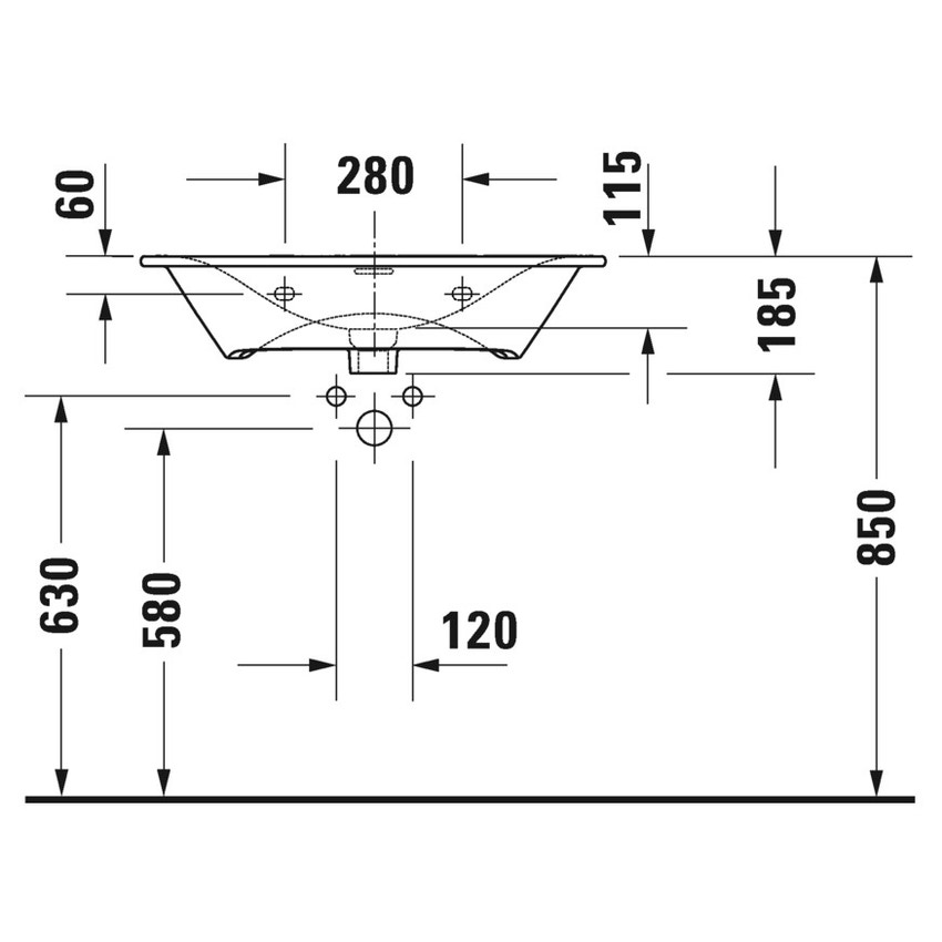 Immagine di Duravit VIU lavabo consolle 73 cm, monoforo, con troppopieno, con bordo per rubinetteria, lato inferiore smaltato, WonderGliss, colore bianco 23447300001