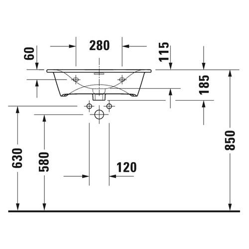 Immagine di Duravit VIU lavabo consolle 63 cm, monoforo, con troppopieno, con bordo per rubinetteria, lato inferiore smaltato, WonderGliss, colore bianco 23446300001