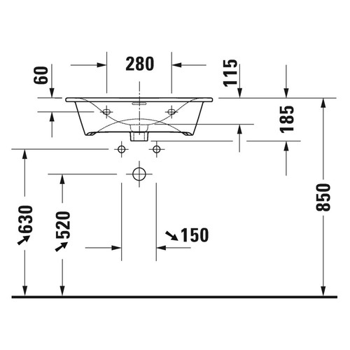 Immagine di Duravit VIU lavabo consolle 63 cm, monoforo, con troppopieno, con bordo per rubinetteria, lato inferiore smaltato, WonderGliss, colore bianco 23446300001