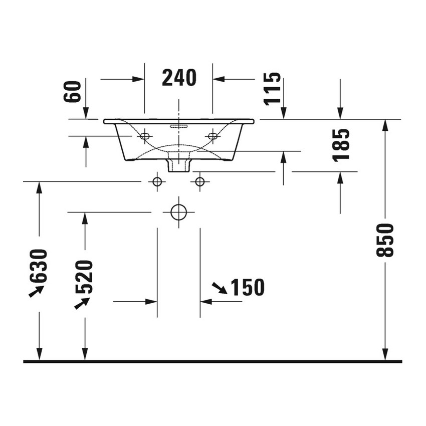 Immagine di Duravit VIU lavamani consolle 53 cm, senza foro per rubinetteria, con troppopieno, con bordo per rubinetteria, lato inferiore smaltato, WonderGliss, colore bianco 23445300601