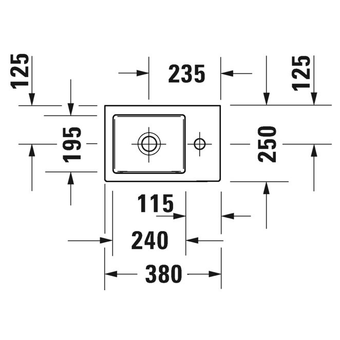 Immagine di Duravit VERO AIR lavamani consolle 38 cm, foro per rubinetteria a destra, senza troppopieno, con bordo per rubinetteria, lato inferiore smaltato, colore bianco 0724380000