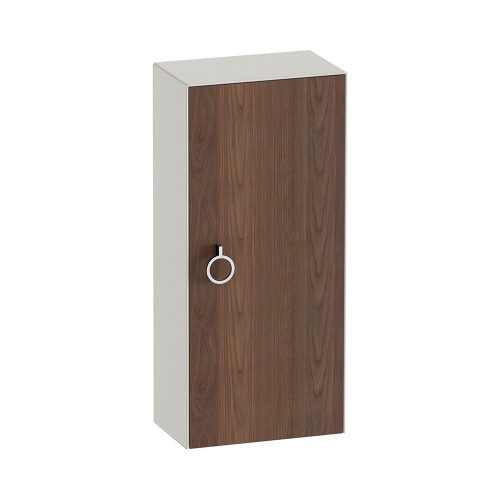 Immagine di Duravit WHITE TULIP colonna bassa H.88 cm, 1 anta con cerniera a sinistra e 2 ripiani in vetro con supporti in alluminio, frontale in legno massello finitura noce, corpo colore bianco nordic finitura opaco WT1323L7739