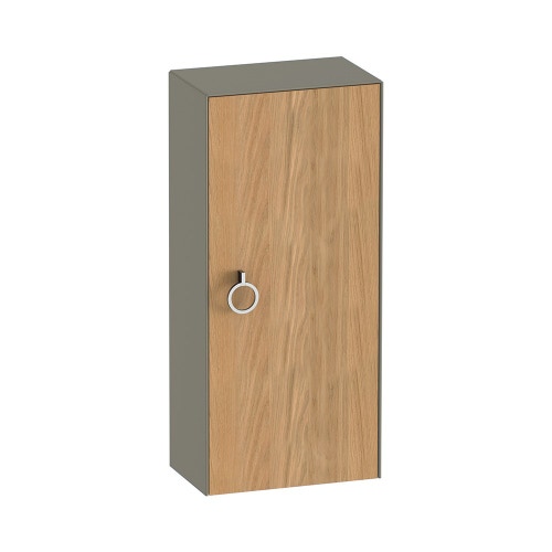 Immagine di Duravit WHITE TULIP colonna bassa H.88 cm, 1 anta con cerniera a sinistra e 2 ripiani in vetro con supporti in alluminio, frontale in legno massello finitura rovere, corpo colore grigio pietra finitura lucido WT1323LH5H2