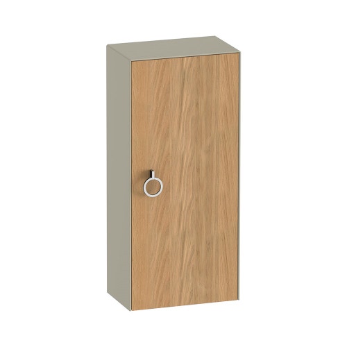 Immagine di Duravit WHITE TULIP colonna bassa H.88 cm, 1 anta con cerniera a sinistra e 2 ripiani in vetro con supporti in alluminio, frontale in legno massello finitura rovere, corpo colore taupe finitura lucido WT1323LH5H3