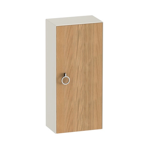 Immagine di Duravit WHITE TULIP colonna bassa H.88 cm, 1 anta con cerniera a sinistra e 2 ripiani in vetro con supporti in alluminio, frontale in legno massello finitura rovere, corpo colore bianco nordic finitura lucido WT1323LH5H4