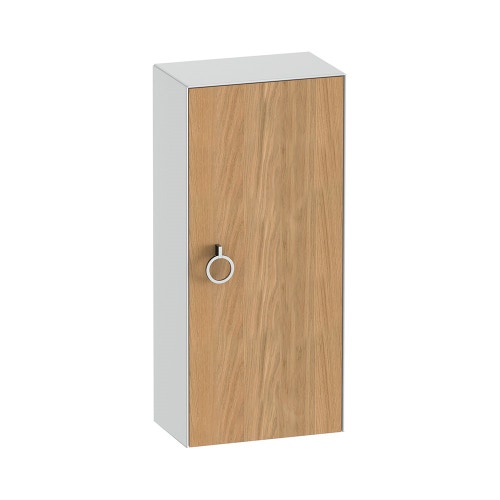 Immagine di Duravit WHITE TULIP colonna bassa H.88 cm, 1 anta con cerniera a sinistra e 2 ripiani in vetro con supporti in alluminio, frontale in legno massello finitura rovere, corpo colore bianco finitura lucido WT1323LH585