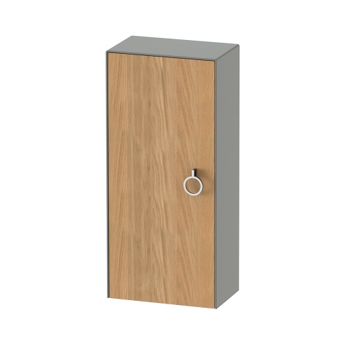Immagine di Duravit WHITE TULIP colonna bassa H.88 cm, 1 anta con cerniera a destra e 2 ripiani in vetro con supporti in alluminio, frontale in legno massello finitura rovere, corpo colore grigio pietra finitura opaco WT1323RH592