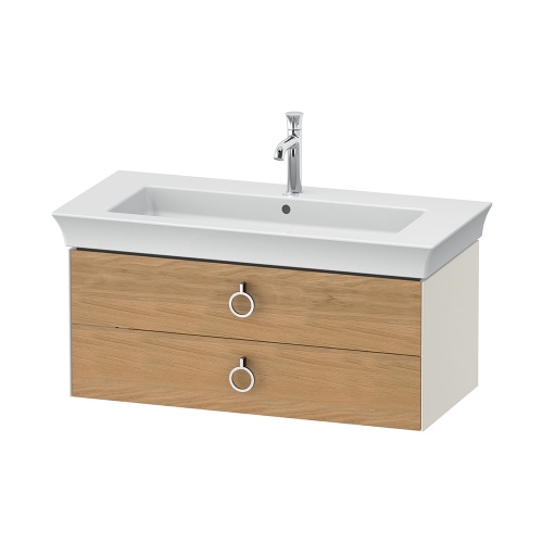 Immagine di Duravit WHITE TULIP base sottolavabo sospesa L.98.4 cm, con 2 cassetti e scasso per il sifone e coprisifone, frontale finitura rovere naturale massello, corpo colore bianco nordic finitura lucido WT43520H5H4