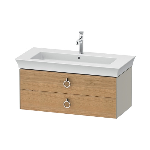 Immagine di Duravit WHITE TULIP base sottolavabo sospesa L.98.4 cm, con 2 cassetti e scasso per il sifone e coprisifone, frontale finitura rovere naturale massello, corpo colore taupe finitura opaco WT43520H560