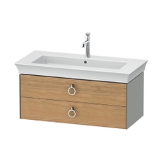 Immagine di Duravit WHITE TULIP base sottolavabo sospesa L.98.4 cm, con 2 cassetti e scasso per il sifone e coprisifone, frontale finitura rovere naturale massello, corpo colore grigio pietra finitura opaco WT43520H592