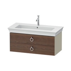 Immagine di Duravit WHITE TULIP base sottolavabo sospesa L.98.4 cm, con 2 cassetti e scasso per il sifone e coprisifone, frontale finitura noce americano massello, corpo colore taupe finitura lucido WT4352077H3