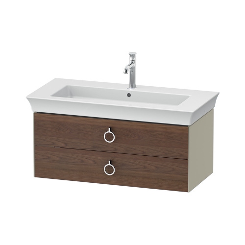 Immagine di Duravit WHITE TULIP base sottolavabo sospesa L.98.4 cm, con 2 cassetti e scasso per il sifone e coprisifone, frontale finitura noce americano massello, corpo colore taupe finitura lucido WT4352077H3