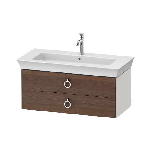 Immagine di Duravit WHITE TULIP base sottolavabo sospesa L.98.4 cm, con 2 cassetti e scasso per il sifone e coprisifone, frontale finitura noce americano massello, corpo colore bianco nordic finitura opaco WT435207739