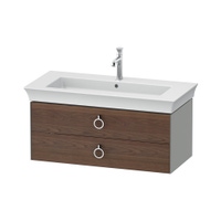 Immagine di Duravit WHITE TULIP base sottolavabo sospesa L.98.4 cm, con 2 cassetti e scasso per il sifone e coprisifone, frontale finitura noce americano massello, corpo colore grigio pietra finitura opaco WT435207792