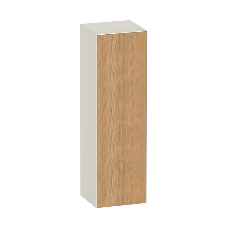 Immagine di Duravit WHITE TULIP colonna bassa H.132 cm, 1 anta con cerniera a destra e 3 ripiani in vetro con supporti in alluminio, frontale in legno massello finitura rovere naturale, corpo colore bianco nordic finitura lucido WT1332RH5H4