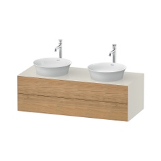 Immagine di Duravit WHITE TULIP base sottolavabo sospesa L.130 cm, con 2 cassetti e scasso per il sifone e coprisifone, 1 consolle con 2 tagli per lavabo, frontale finitura rovere naturale massello, corpo colore bianco nordic finitura lucido WT4988BH5H4