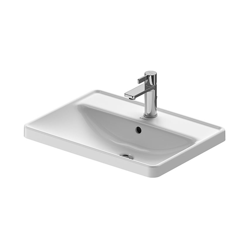 Immagine di Duravit D-NEO lavabo da incasso soprapiano 60 cm monoforo, con troppopieno, con bordo per rubinetteria, Wondergliss, colore bianco 03576000271