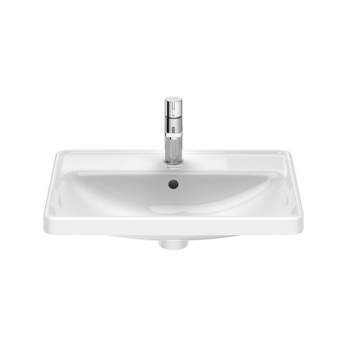 Immagine di Duravit D-NEO lavabo da incasso soprapiano 60 cm monoforo, con troppopieno, con bordo per rubinetteria, Wondergliss, colore bianco 03576000271