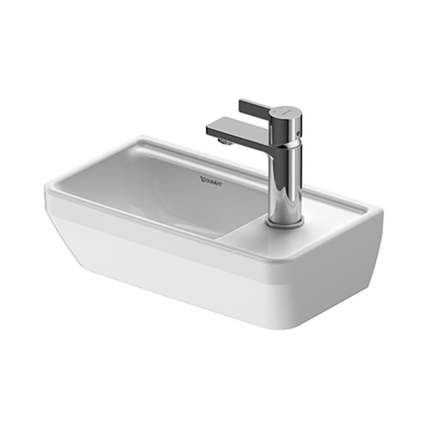 Immagine di Duravit D-NEO lavamani 40 cm, senza troppopieno, con bordo per rubinetteria, monoforo per rubinetteria a destra, lato inferiore smaltato, colore bianco 0739400041