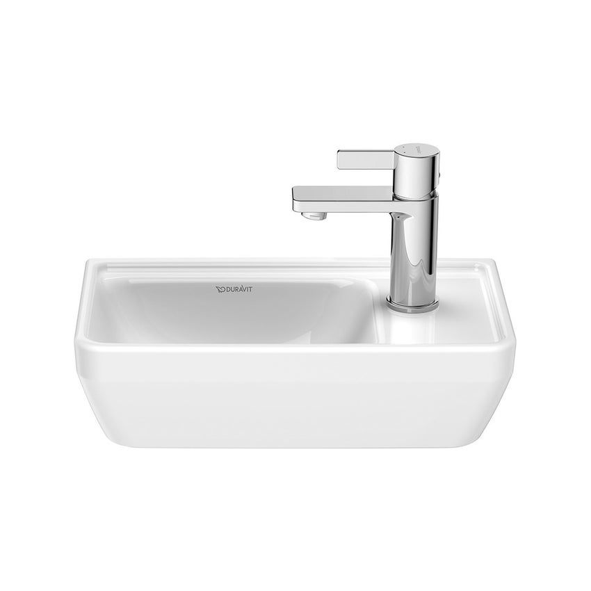 Immagine di Duravit D-NEO lavamani 40 cm, senza troppopieno, con bordo per rubinetteria, monoforo per rubinetteria a destra, lato inferiore smaltato, colore bianco 0739400041