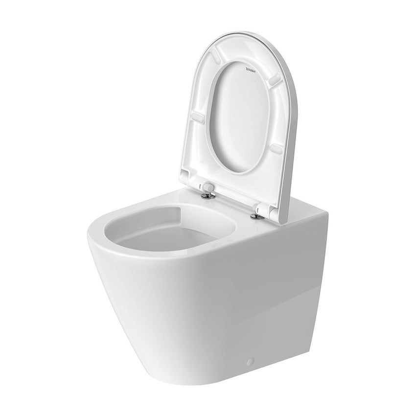 Immagine di Duravit D-NEO set completo sanitari a pavimento, vaso senza brida con sedile a chiusura ammortizzata e bidet monoforo, colore bianco finitura lucido 2003090000+0021690000+2295100000
