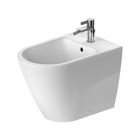 Immagine di Duravit D-NEO bidet a pavimento monoforo, filo parete, con troppopieno, con bordo per rubinetteria, Wondergliss, colore bianco 22951000001