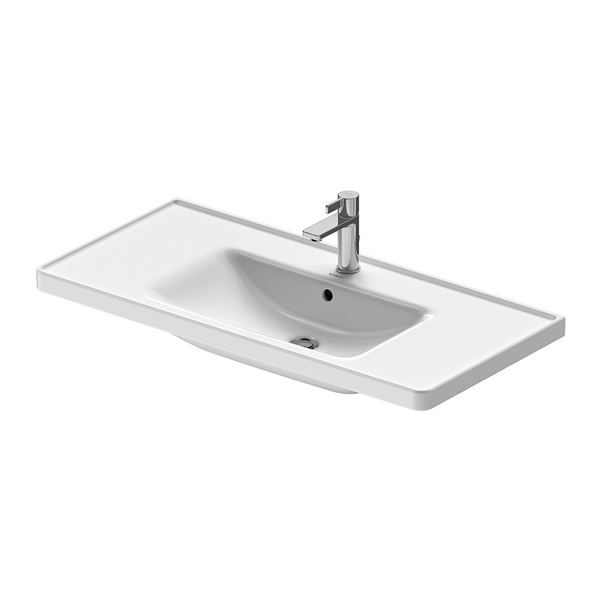 Immagine di Duravit D-NEO lavabo consolle 105 cm monoforo, con troppopieno, con bordo per rubinetteria, lato inferiore smaltato, Wondergliss, colore bianco 23671000001