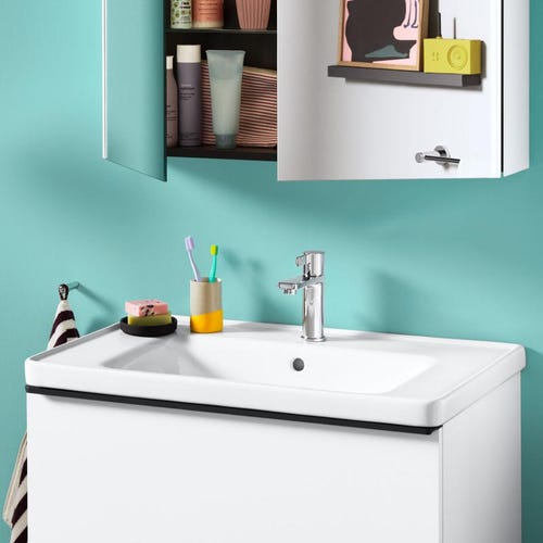 Immagine di Duravit D-NEO lavabo consolle 80 cm monoforo, con troppopieno, con bordo per rubinetteria, lato inferiore smaltato, Wondergliss, colore bianco 23678000001