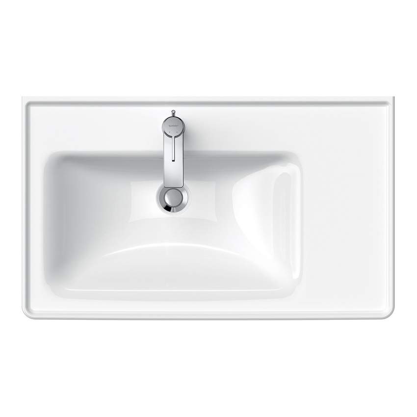 Immagine di Duravit D-NEO lavabo consolle asimmetrico 80 cm monoforo, con troppopieno, con bordo per rubinetteria, lato inferiore smaltato, bacino a sinistra, Wondergliss, colore bianco 23698000001