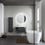Immagine di Duravit D-NEO composizione bagno: mobile sottolavabo e colonna sospesi, finitura rovere nero + specchio Ø 90 con illuminazione, versione "Good" + lavabo 80 cm, colore bianco + miscelatore monocomando M, finitura cromo DE425701616+DE1318L1616