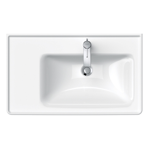 Immagine di Duravit D-NEO composizione bagno: mobile sottolavabo e colonna sospesi, finitura rovere nero + specchio Ø 90 con illuminazione, versione "Good" + lavabo 80 cm, colore bianco + miscelatore monocomando M, finitura cromo DE425701616+DE1318L1616