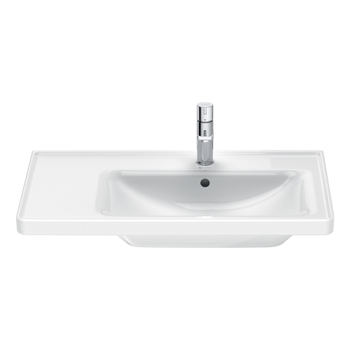 Immagine di Duravit D-NEO composizione bagno: mobile sottolavabo e colonna sospesi, finitura rovere nero + specchio Ø 90 con illuminazione, versione "Good" + lavabo 80 cm, colore bianco + miscelatore monocomando M, finitura cromo DE425701616+DE1318L1616