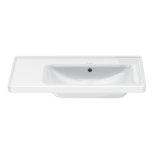 Immagine di Duravit D-NEO lavabo consolle asimmetrico 80 cm, con troppopieno, lato inferiore smaltato, bacino a destra, Wondergliss, colore bianco 23708000601