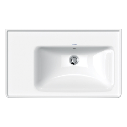 Immagine di Duravit D-NEO lavabo consolle asimmetrico 80 cm, con troppopieno, lato inferiore smaltato, bacino a destra, Wondergliss, colore bianco 23708000601