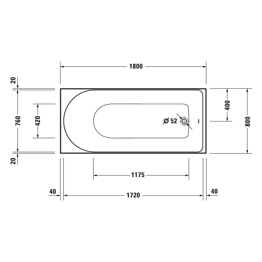 Immagine di Duravit D-NEO vasca rettangolare da incasso L.180 P.80 cm, con uno schienale inclinato, colore bianco finitura lucido 700475000000000