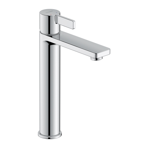Immagine di Duravit D-NEO composizione bagno: mobile sottolavabo sospeso, finitura rovere terra + specchio Ø 70 con illuminazione, versione "Good" + lavabo da appoggio 60 cm, colore bianco + miscelatore monocomando L, finitura cromo LM785100000+DE496803535