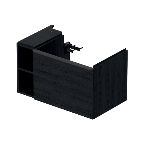 Immagine di Duravit D-NEO composizione bagno: mobile sottolavabo e colonna sospesi, finitura rovere nero + specchio Ø 90 con illuminazione, versione "Good" + lavabo 80 cm, colore bianco + miscelatore monocomando M, finitura cromo DE425701616+DE1318L1616