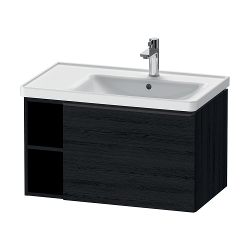 Immagine di Duravit D-NEO composizione bagno: mobile sottolavabo e colonna sospesi, finitura rovere nero + specchio Ø 90 con illuminazione, versione "Good" + lavabo 80 cm, colore bianco + miscelatore monocomando M, finitura cromo DE425701616+DE1318L1616