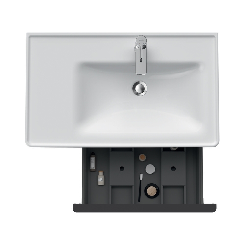 Immagine di Duravit D-NEO composizione bagno: mobile sottolavabo e colonna sospesi, finitura rovere nero + specchio Ø 90 con illuminazione, versione "Good" + lavabo 80 cm, colore bianco + miscelatore monocomando M, finitura cromo DE425701616+DE1318L1616