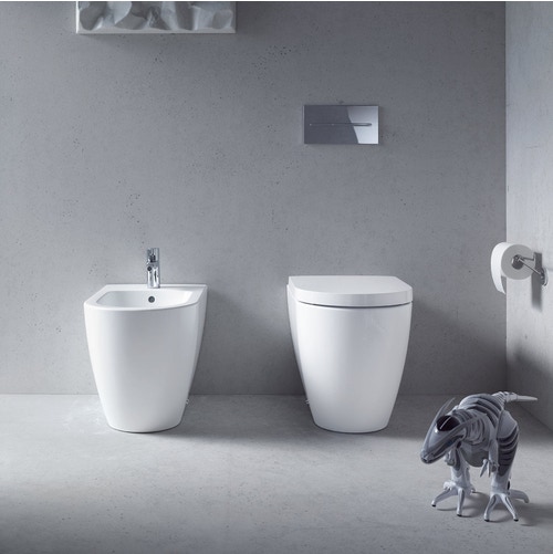 Immagine di Duravit ME BY STARCK set sanitari a pavimento, vaso con scarico orizzontale, sedile con coperchio senza chiusura rallentata, bidet monoforo con troppopieno, colore bianco 2169090000+2289100000+0020010000