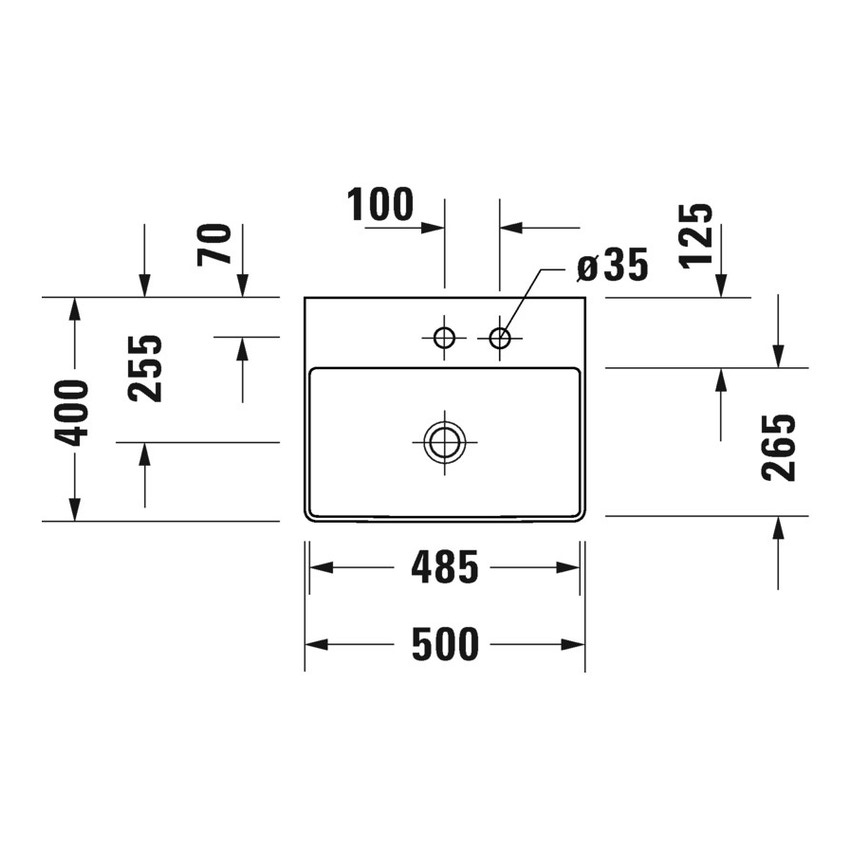 Immagine di Duravit DURASQUARE lavabo consolle Compact 50 cm con due fori diaframmati, senza troppopieno, con bordo per rubinetteria, colore bianco 2356500014