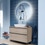 Immagine di Duravit D-NEO composizione bagno: mobile sottolavabo sospeso, finitura rovere terra + specchio Ø 70 con illuminazione, versione "Good" + lavabo da appoggio 60 cm, colore bianco + miscelatore monocomando L, finitura cromo LM785100000+DE496803535