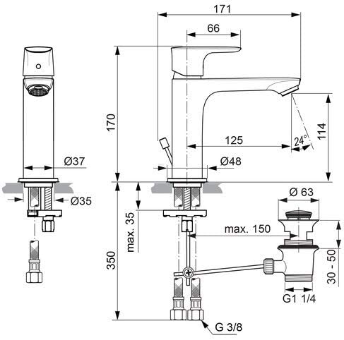 Immagine di Ideal Standard CONNECT AIR miscelatore grande monocomando lavabo, con sistema di apertura a freddo Bluestart, asta di comando e scarico piletta, cromo A7013AA