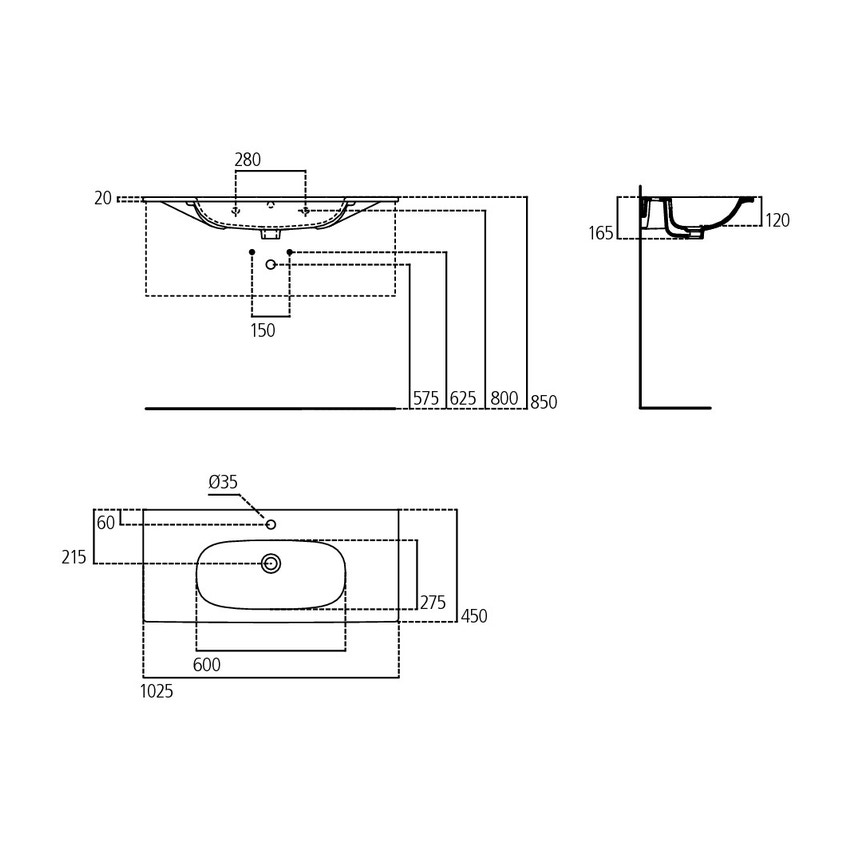 Immagine di Ideal Standard TESI lavabo top L.100 cm monoforo, con troppopieno, colore bianco T350801