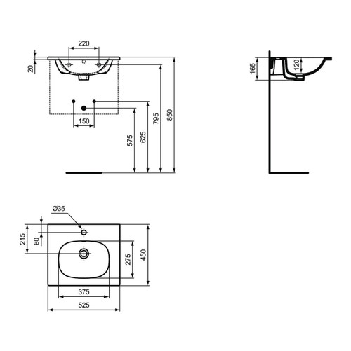 Immagine di Ideal Standard TESI lavabo top L.50 P.45 cm monoforo, con troppopieno, colore bianco T004301
